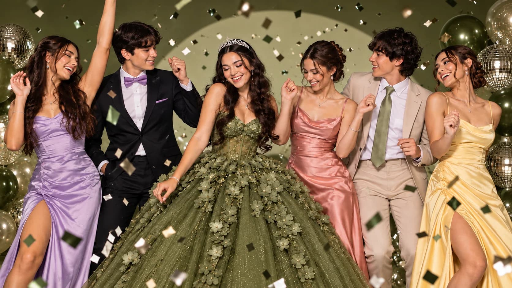 Valentina con su corte: ella de verde olivo y los invitados de lila, negro, coral, beige y amarillo