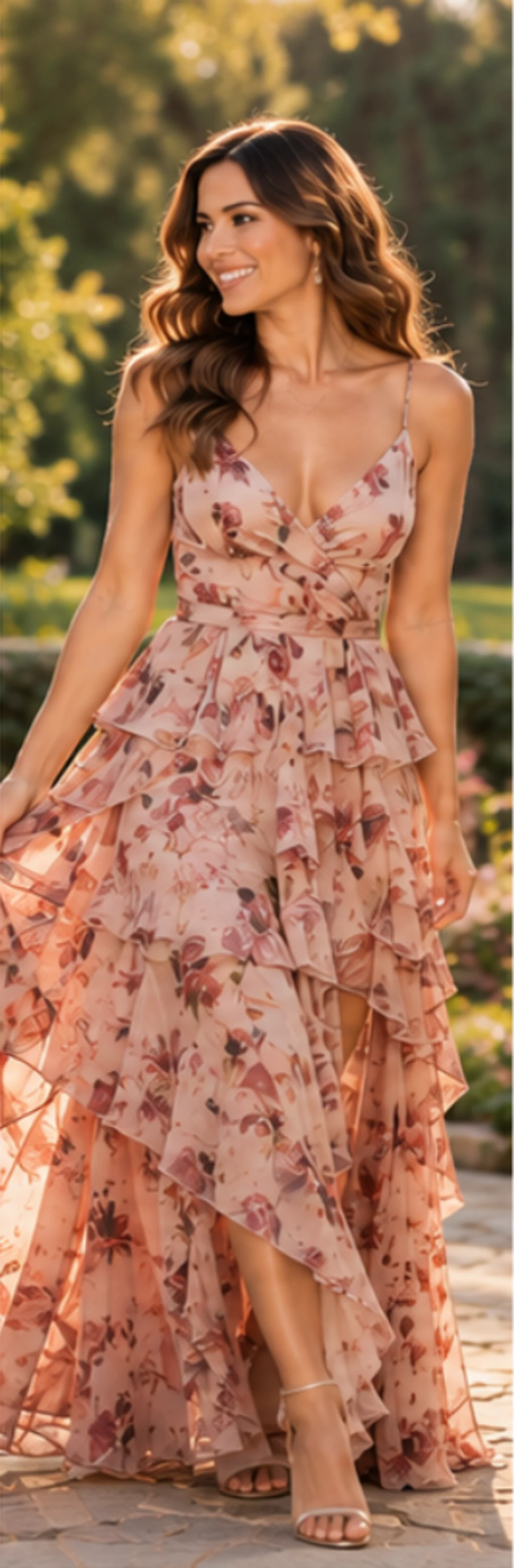 Look cálido: vestido floral en tonos durazno