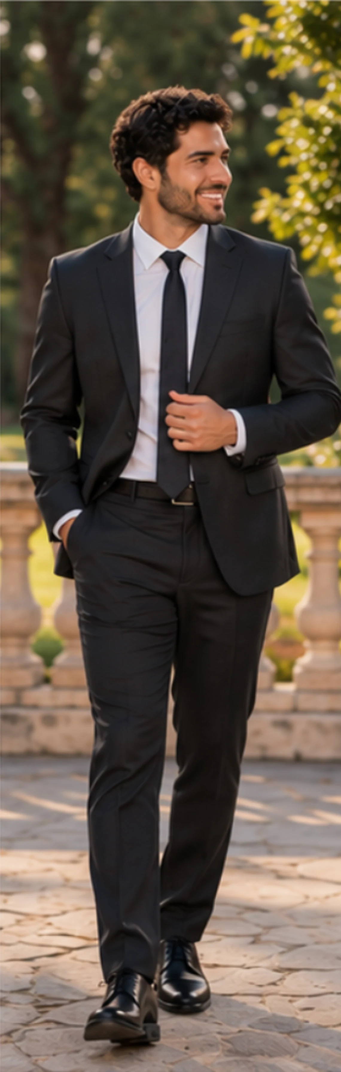 Look cálido: traje negro con camisa blanca