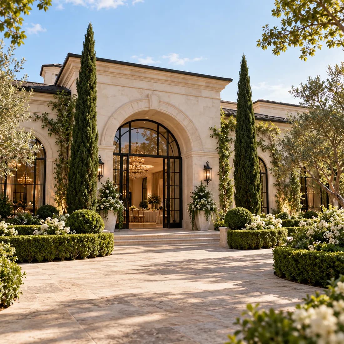 Entrada y jardín del lugar de la celebración