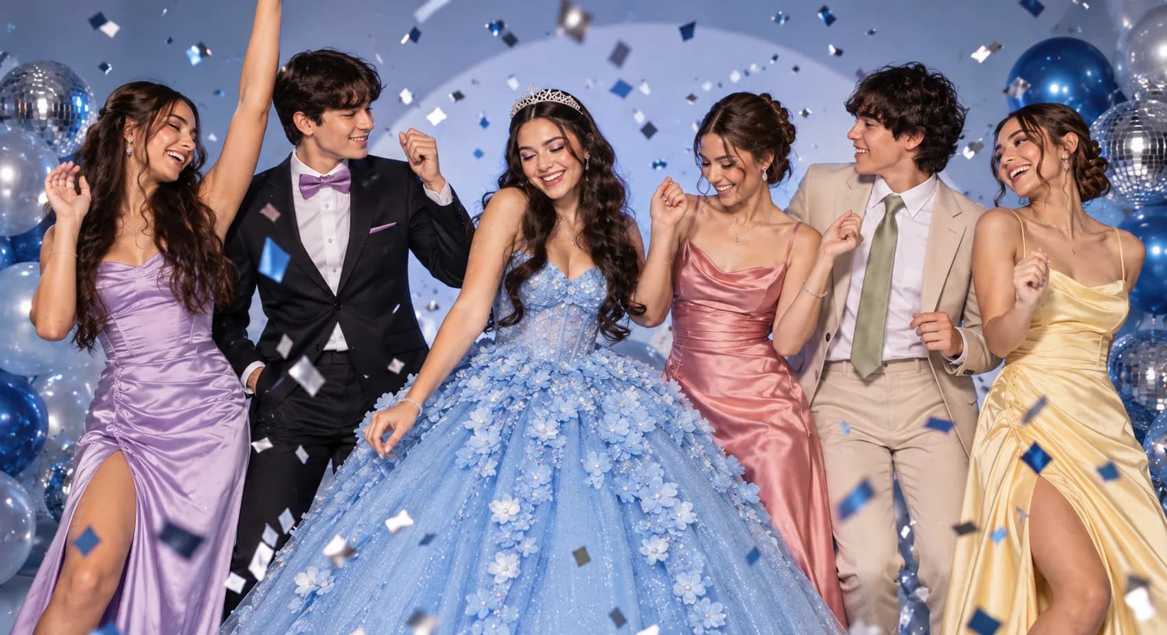 Valentina con su corte: ella de azul cielo y los invitados de amarillo, beige, coral, negro y lila
