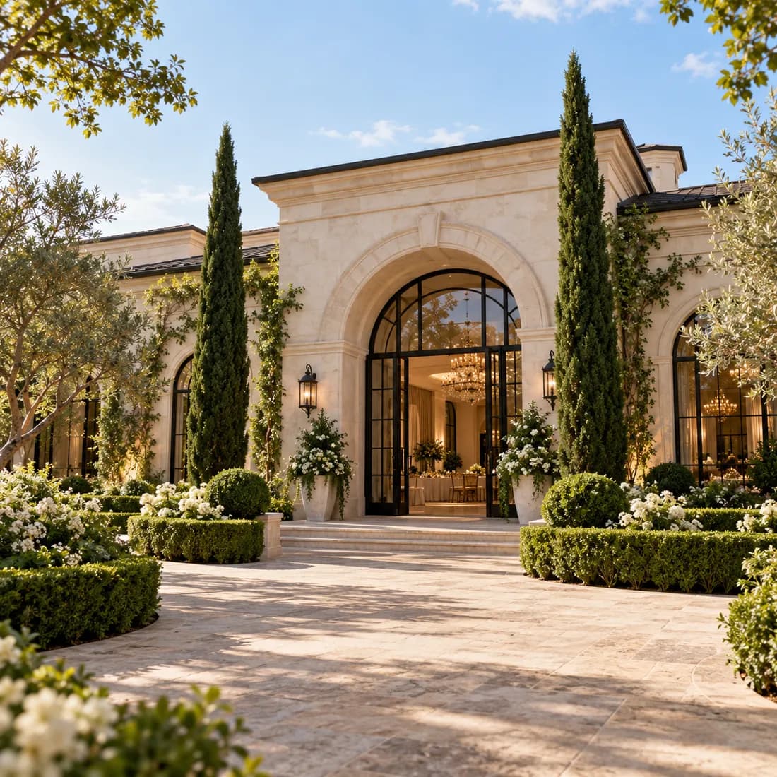 Entrada y jardín del lugar de la celebración