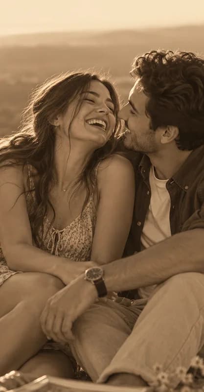 Ale y Luis riendo juntos en un picnic