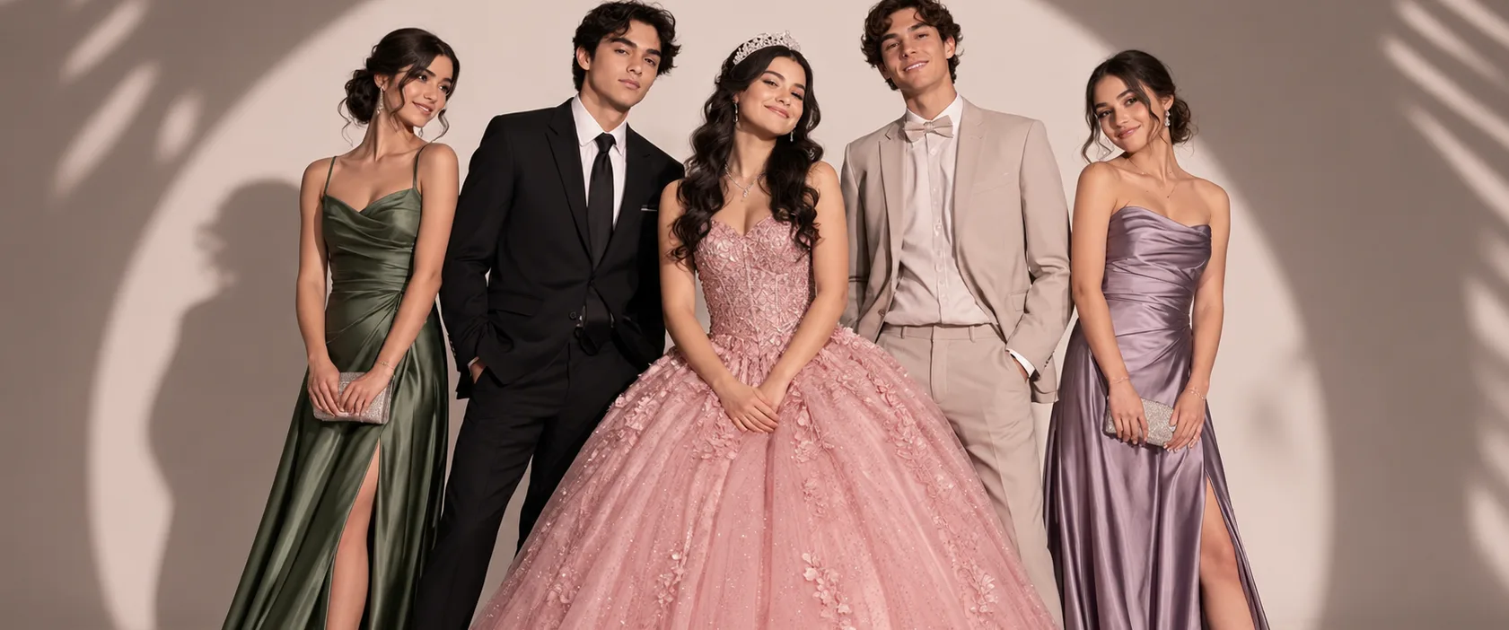 Valentina con su corte: ella de rosa y los invitados de verde, negro, beige y lila