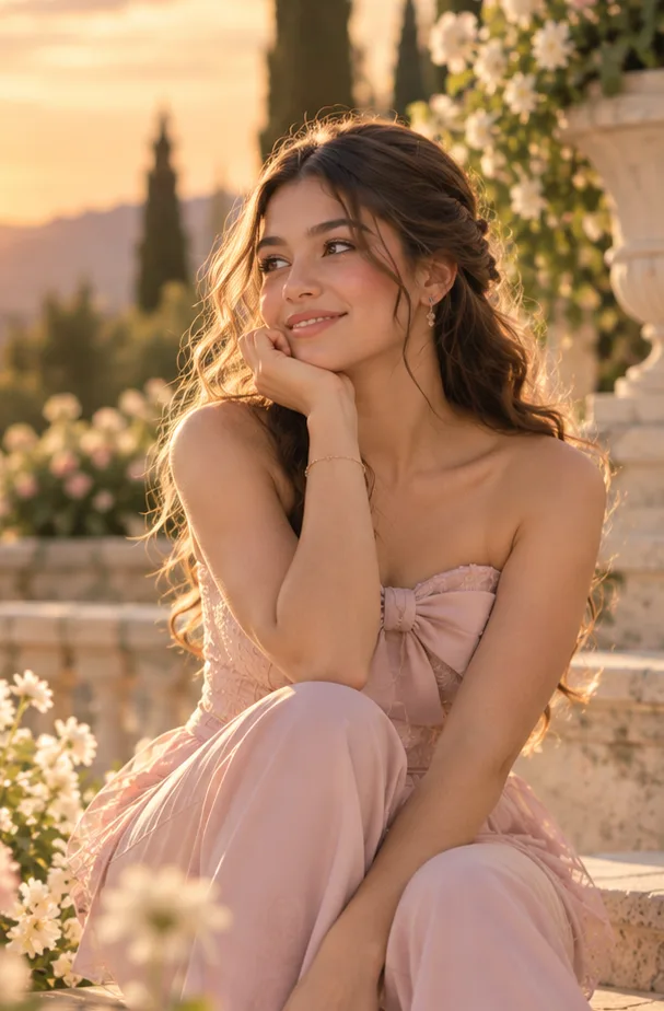 Valentina sonriendo en un jardín al atardecer