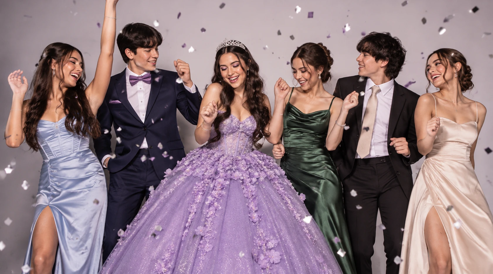 Valentina con su corte: ella de lila y los invitados de azul, verde, negro y champán