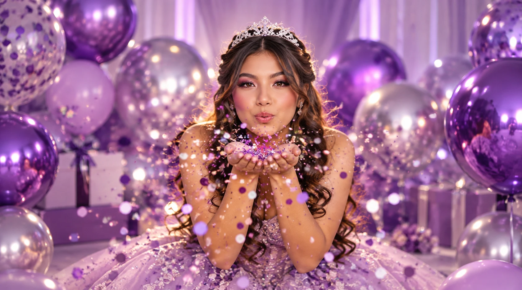 Valentina soplando confeti morado entre globos