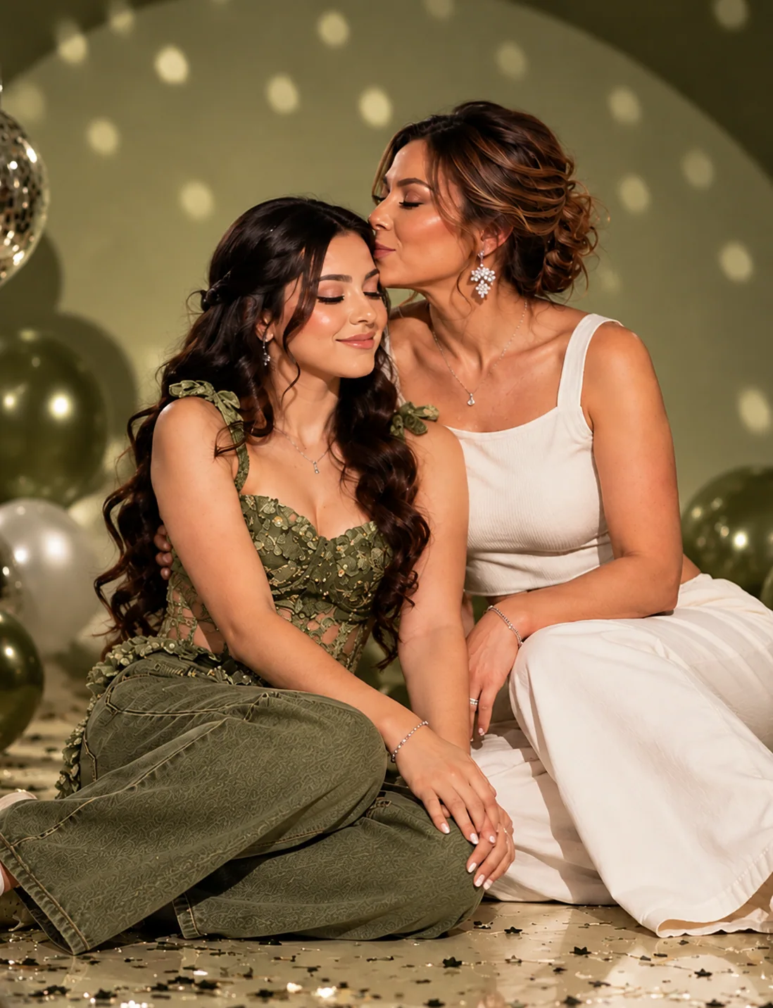 Valentina y su mamá abrazadas entre globos y bolas de disco