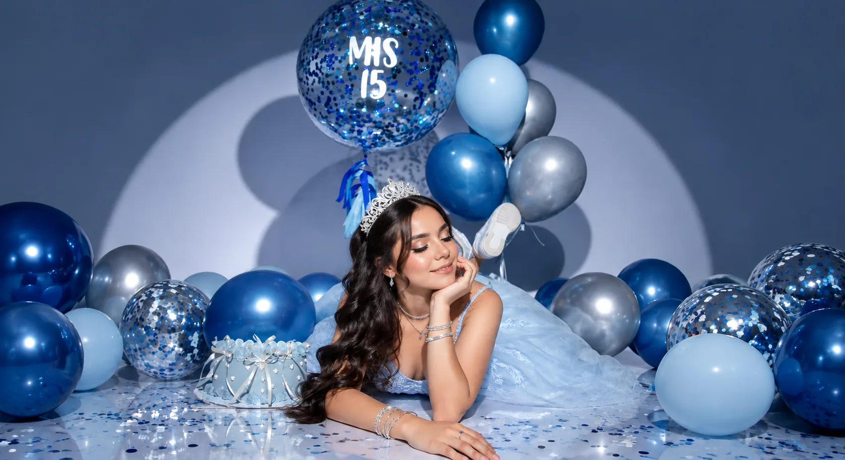 Valentina con corona junto a un globo con confeti que dice MIS 15